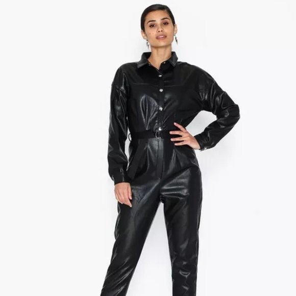 Missguided Pants - Faux Leather Button Down Jumpsuit